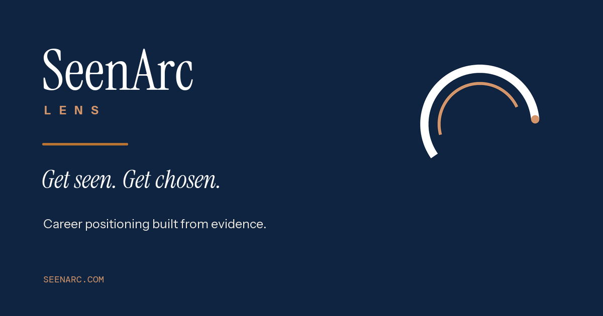 SeenArc Lens identity card for its evidence-first career-positioning practice.